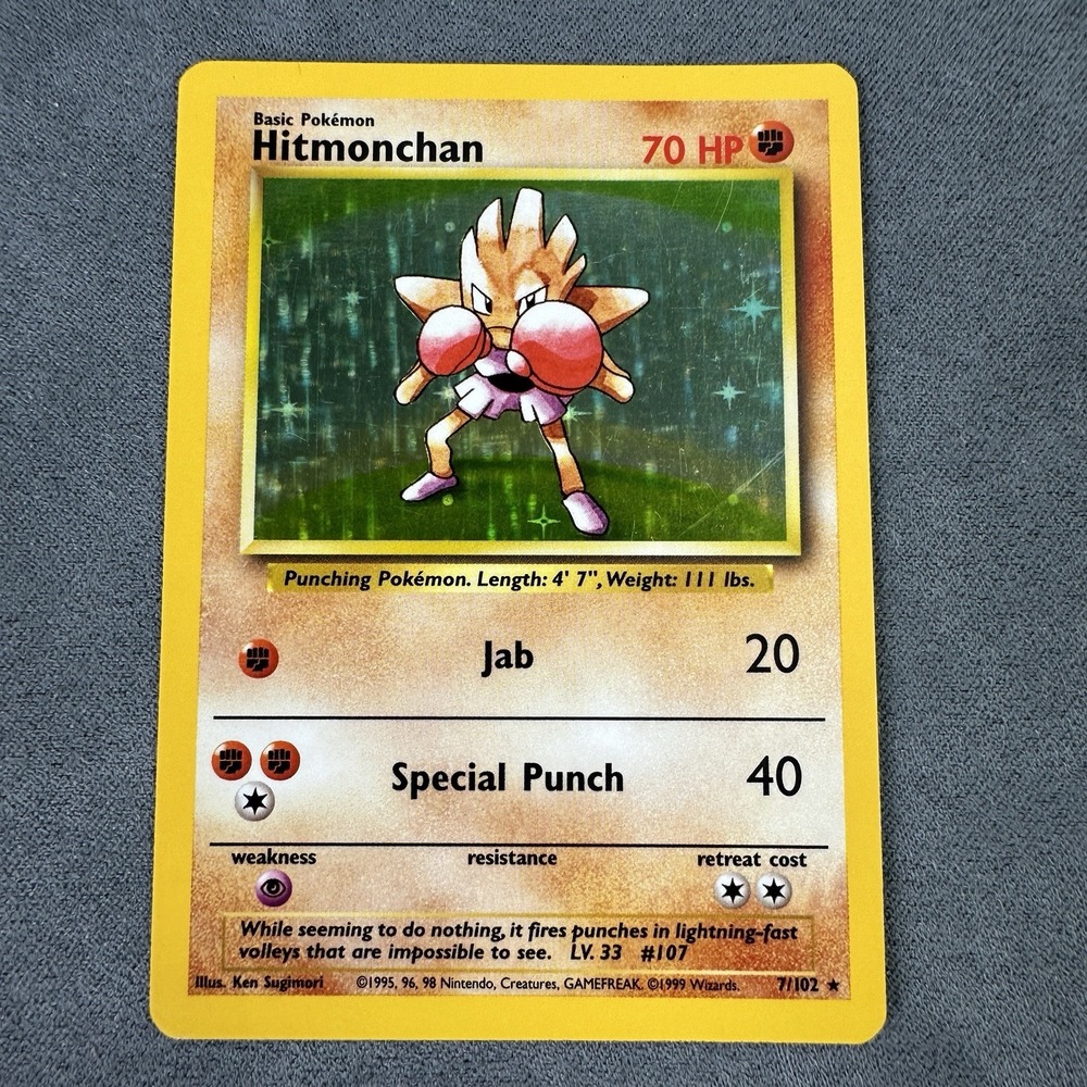 1999 Pokemon Base Set Hitmonchan 7/102 Holo Rare Unlimited WOTC Vintage MP‎